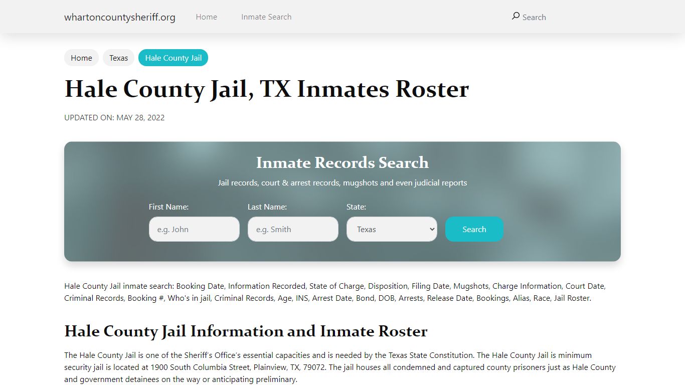 Hale County Jail, TX Jail Roster, Name Search